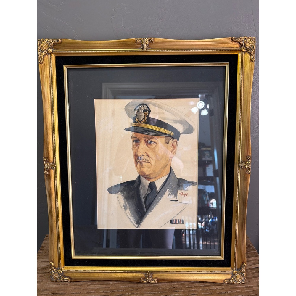 Vintage US Navy Officer Watercolor Portrait Signed Fagg Gold Gilt Frame 20x24